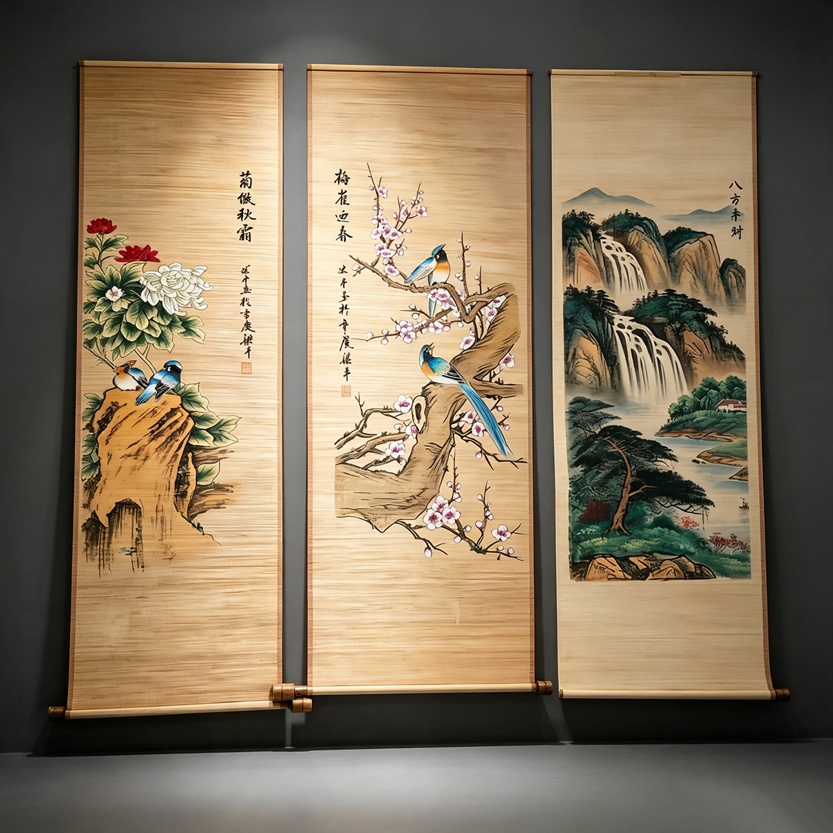 梅花迎春竹帘画